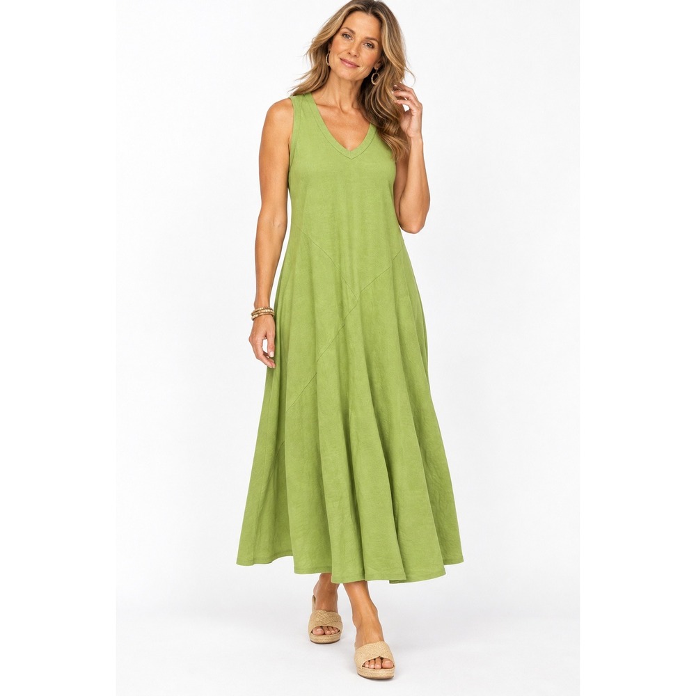 Soft Surroundings Bailey Midi Dress Green Cotton Sleeveless V-Neck Large NWOT